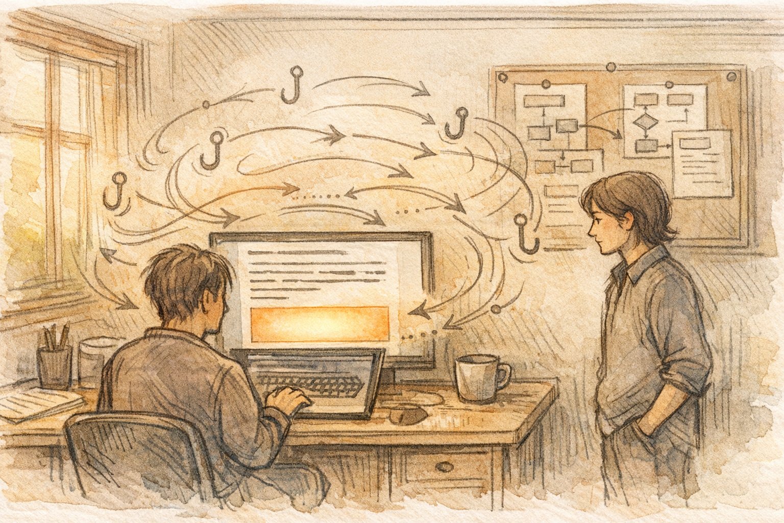 WordPress 記事下 広告 自動挿入の設計を、functions.phpで検討する二人のイラスト