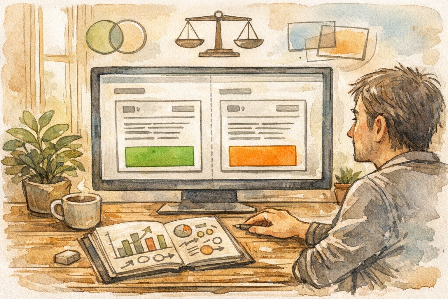 WordPress 記事下 広告 自動挿入によるABテストと複数指標での効果測定を考える作業机の様子