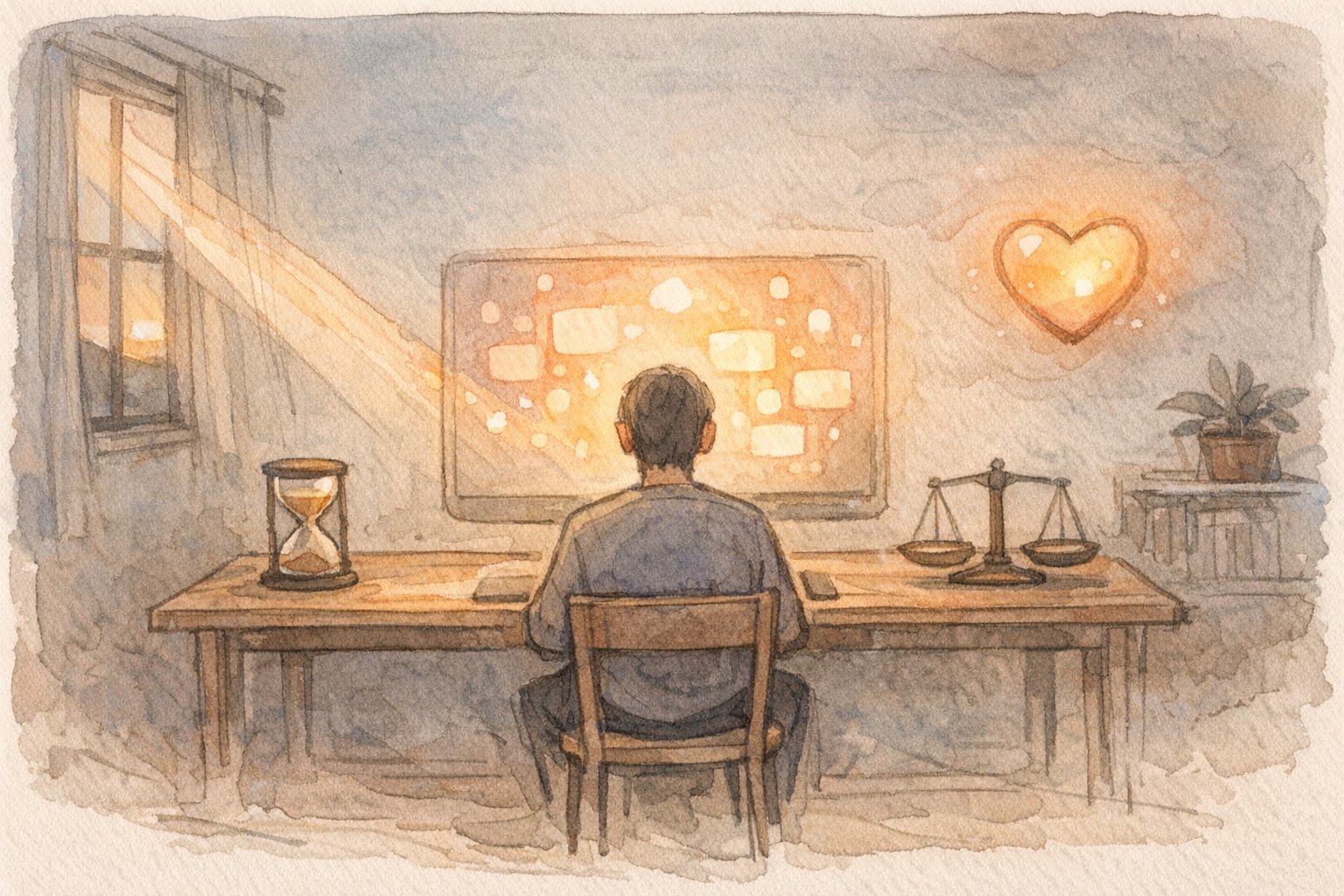デジタルデトックス と AI の 距離感を整える軸を象徴する穏やかな人物のイラスト