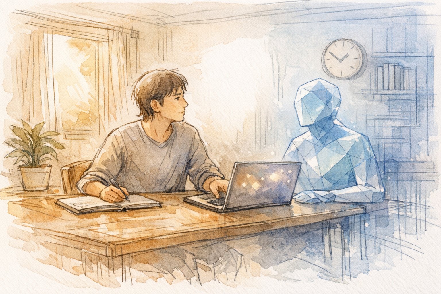 静かなワークスペースで人とAIが向き合う様子、デジタルデトックス と AI の 距離感を象徴