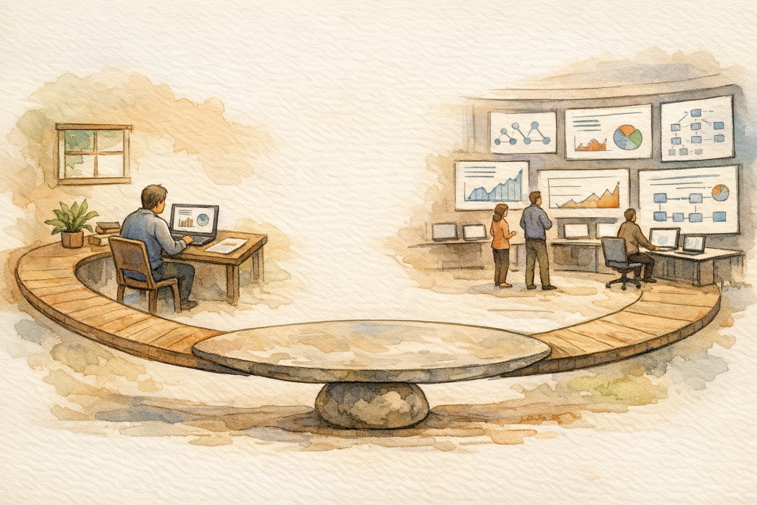 小規模と大規模サイトの選択基準を対比した、SEO ツール 比較 2026の象徴的イラスト