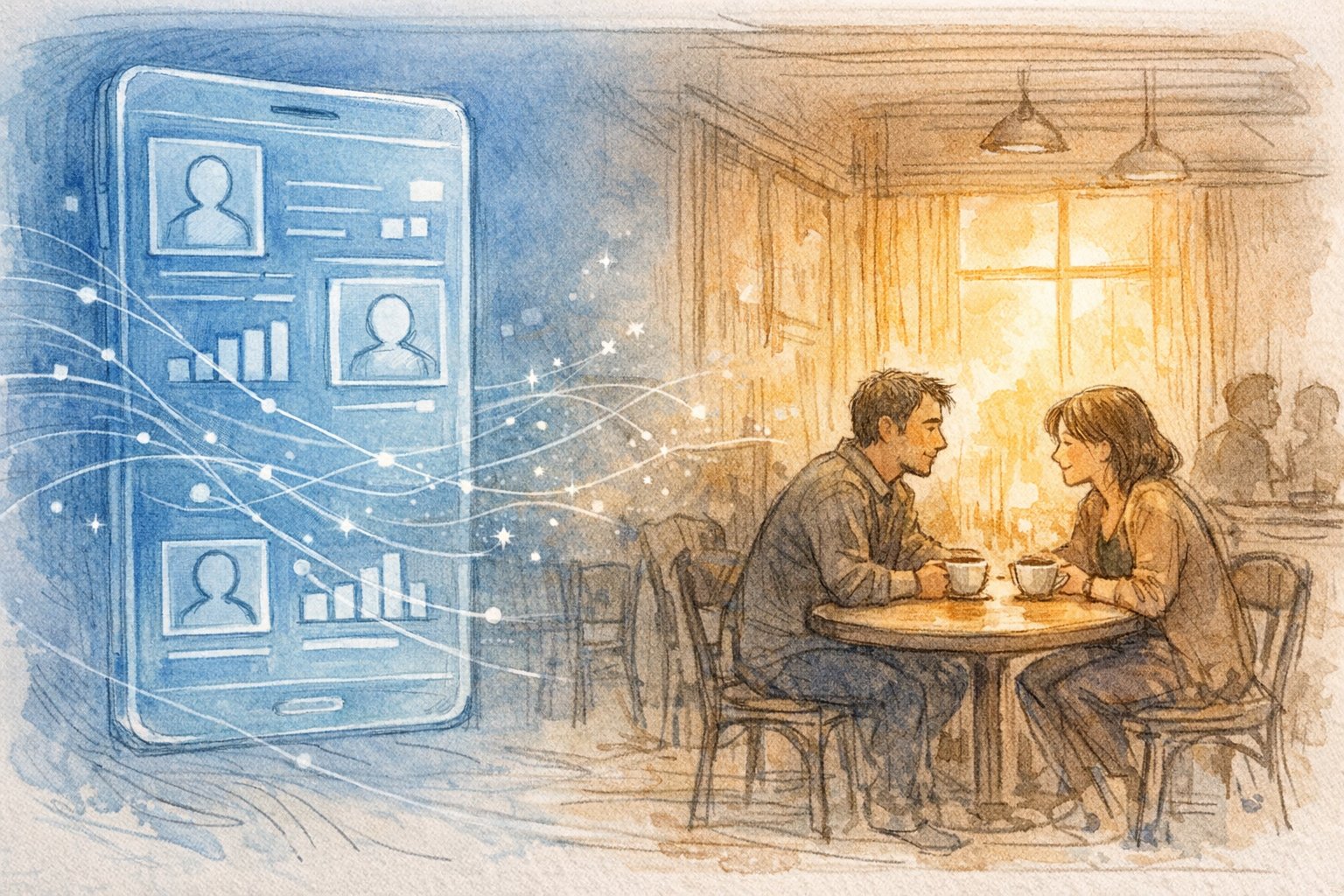 静かなカフェで会話する男女とアルゴリズム画面を対比しAI 婚活 ・ マッチングアプリ の 裏側を象徴적으로表現