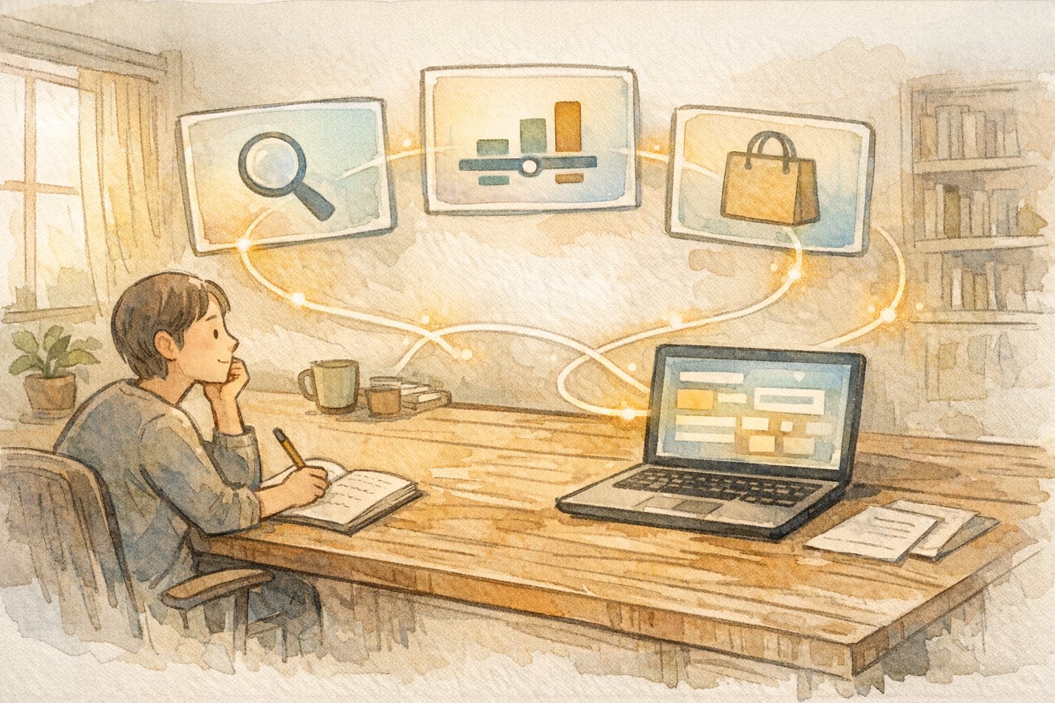 SEOとAIO視点で記事作成 ツール おすすめを選ぶワークスペースと概念図