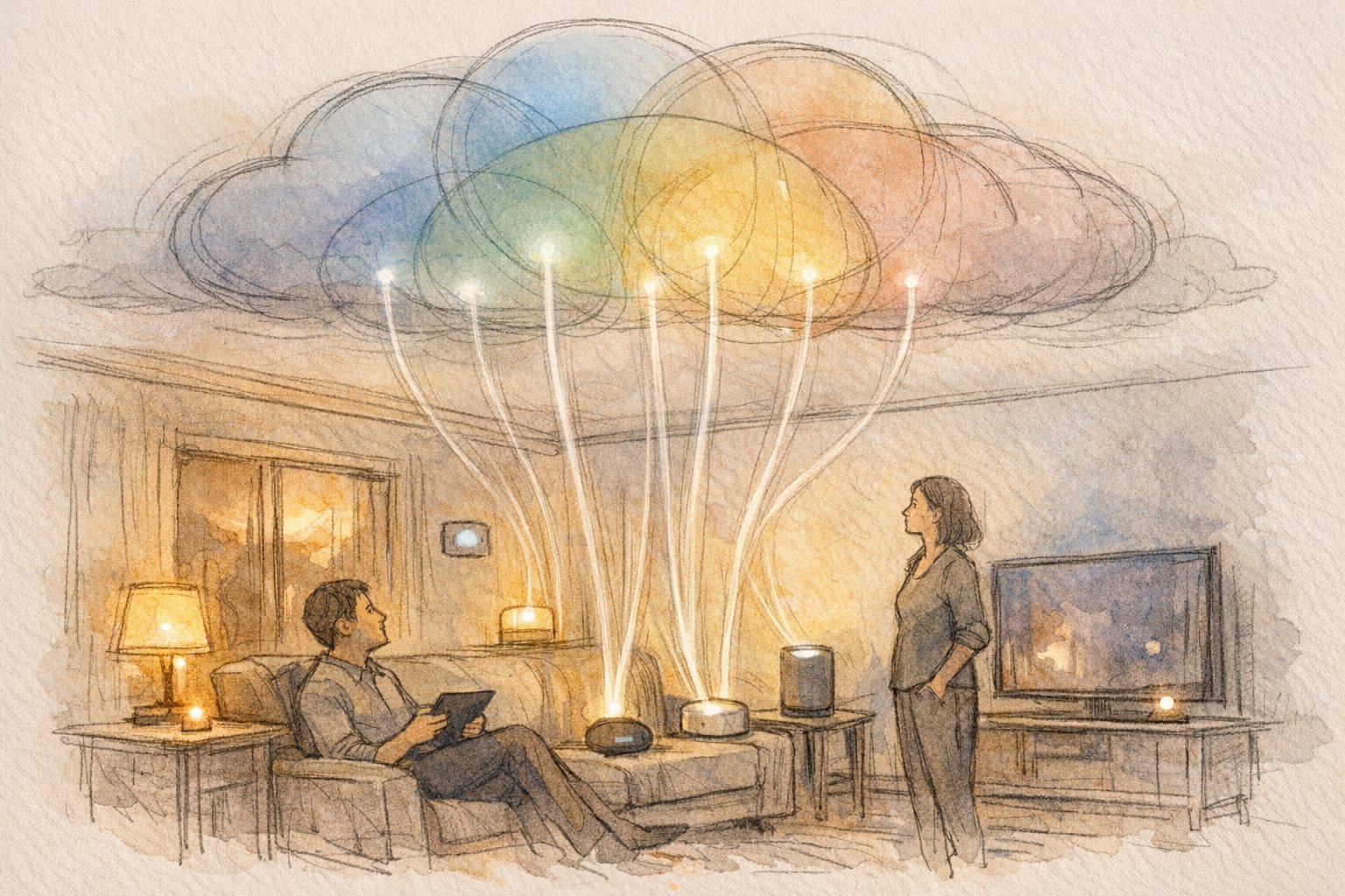 スマートホーム AI 連携で家電からクラウドへデータが集約される様子を描いたリビングイラスト