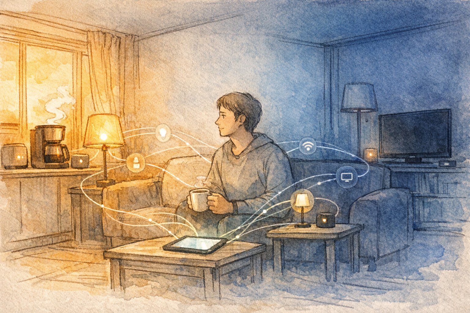 朝夕のリビングで家電が自動制御される様子とスマートホーム AI 連携による行動データ可視化