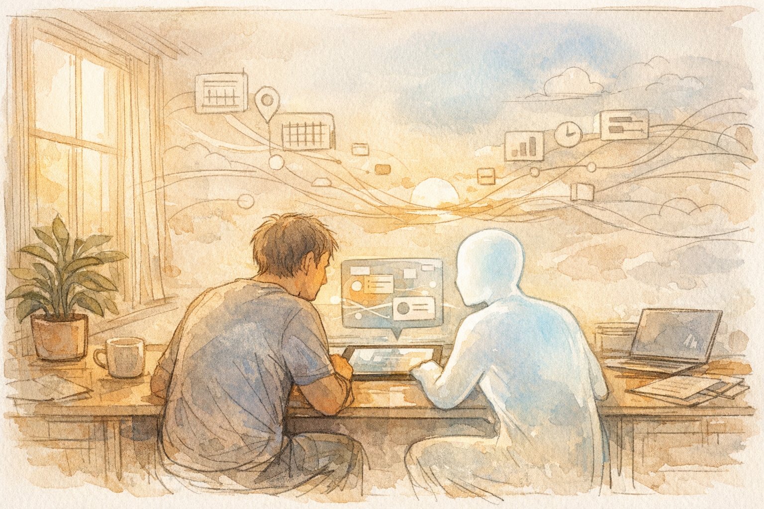 パーソナル AI エージェント の 未来を象徴し、人とAIが並んで協働する温かな手描きイラスト