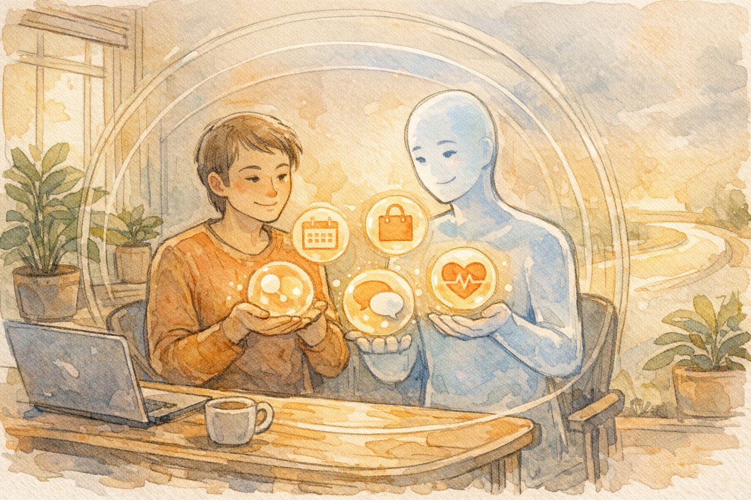 パーソナル AI エージェント の 未来、個人データ共有と信頼設計を象徴する人物とAIのイラスト