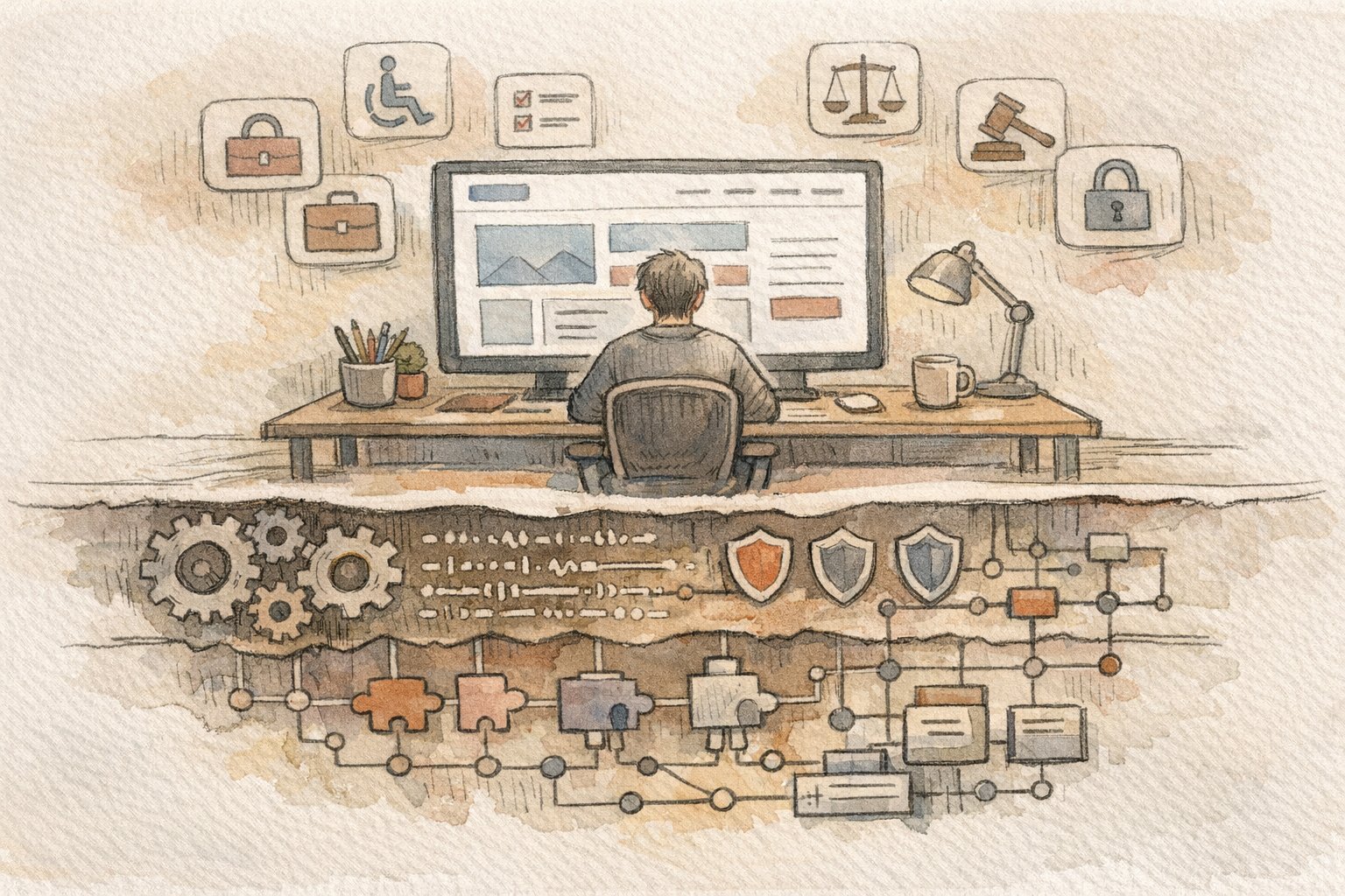 WordPress 法人サイト 制作 テンプレート選定で、デザイン表層と性能やセキュリティ要件の関係を示すイラスト