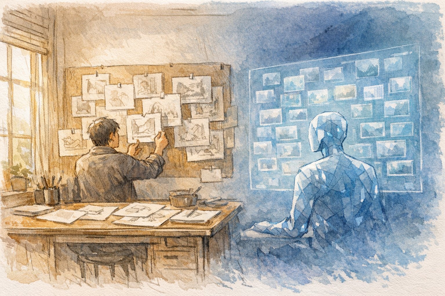 スタジオで人とAIが協働する制作風景、AI アート の 芸術的価値と役割分担を象徴