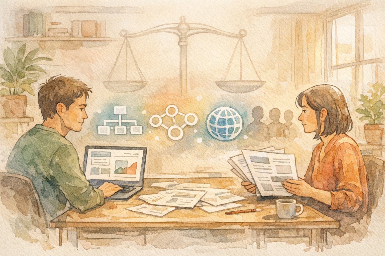 SEOライター 評判を話し合うクライアントと制作者、期待値と評価軸の違いを示すイラスト