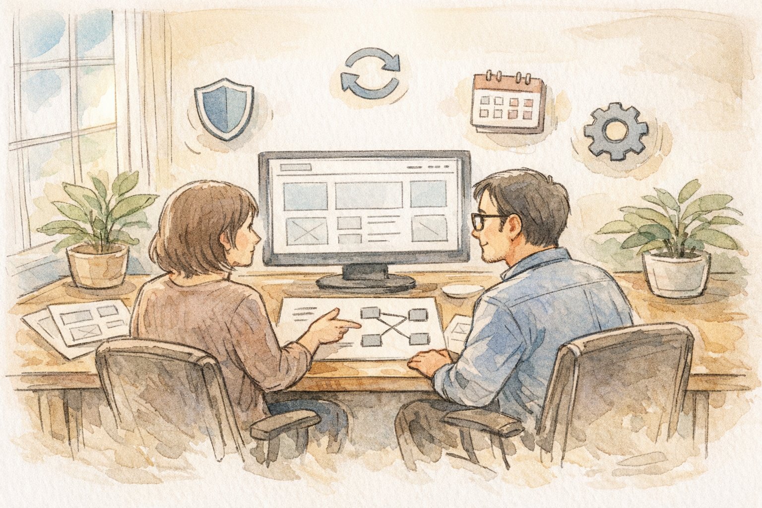 WP 制作代行 依頼時の注意点を検討する打ち合わせ風景、保守運用フェーズを相談する様子