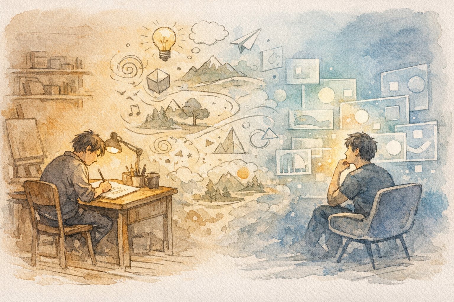 AI が 変える 創作活動 の あり方、手描き制作と抽象的なAIインターフェースが対比されたイラスト