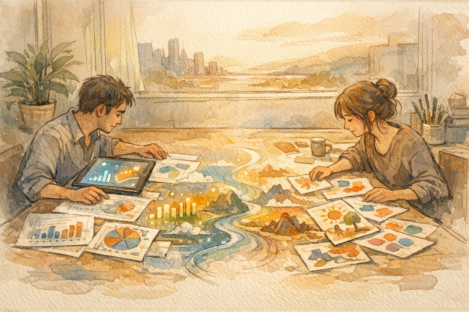 マーケティングと直感的な創作が同じ机で交わる様子を描いた、AI が 変える 創作活動 の あり方の象徴的イラスト