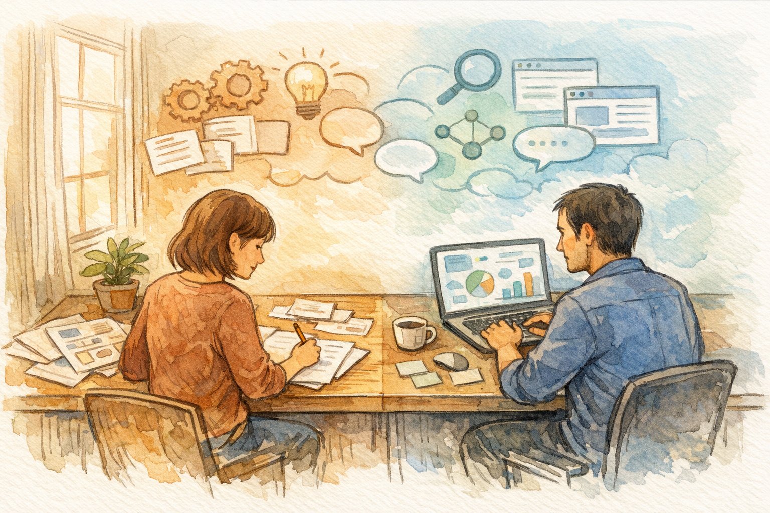 AI時代のSEOライター 使い方を象徴する、紙作業とAIツールが協働する執筆風景