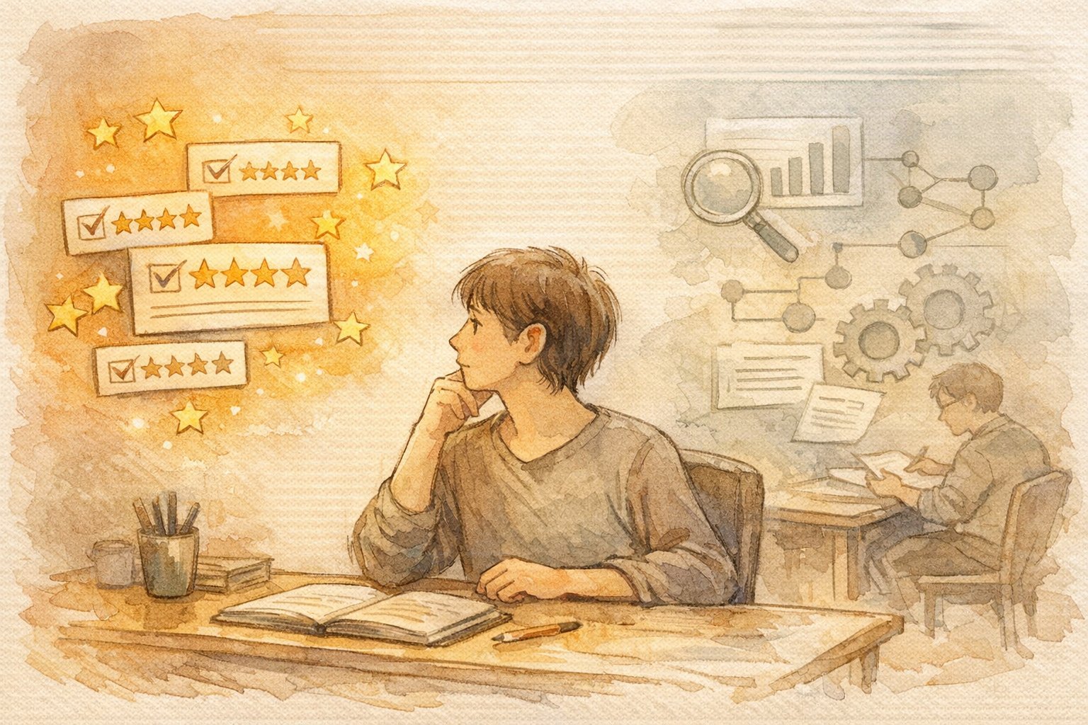 SEOライター 口コミを読む依頼者が、表面の評価と見落としがちな深い適性を比較検討する様子