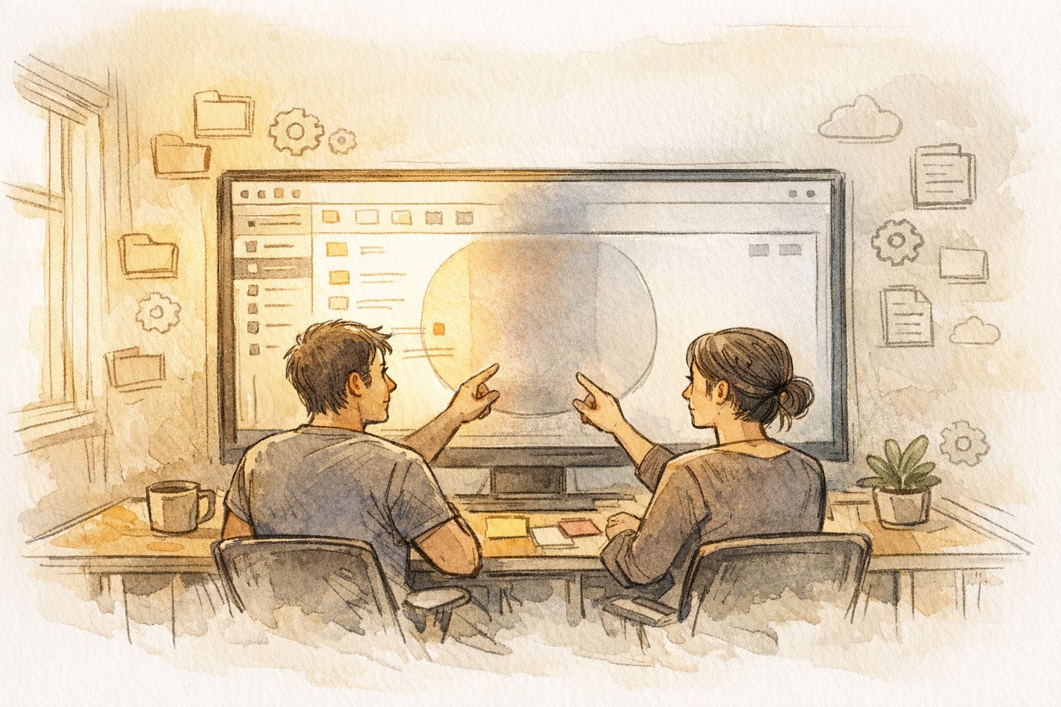 WP チーム運用における 編集者権限の活用、管理者との間のグレーゾーンと責任範囲を話し合う共有デスクのイラスト