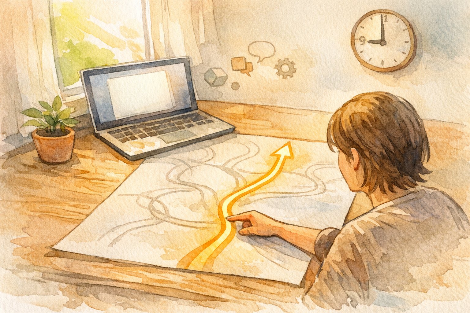 AI 副業 初心者 向け ロードマップの最初の一歩を示す机とノートPCのイラスト