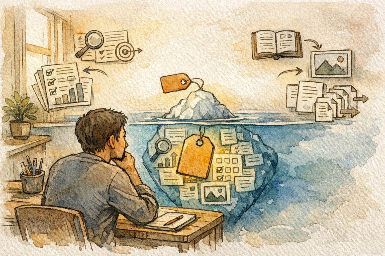 机で考え込む人と表面と水面下のコストを対比したイラスト, SEOライター 料金の見えない業務