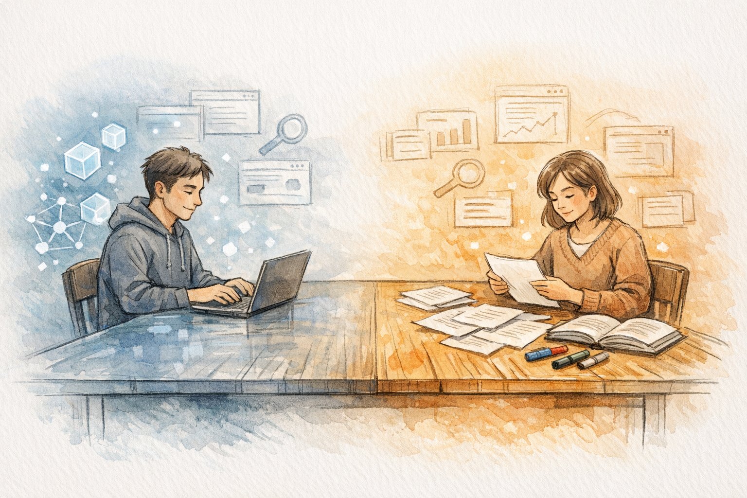 AIと人の共同作業で価値を高める様子を描いたイラスト, SEOライター 料金のバランス