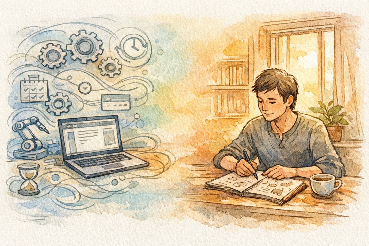WordPress AI 記事作成 自動化で、人の判断と自動化のバランスを描いた手描きイラスト