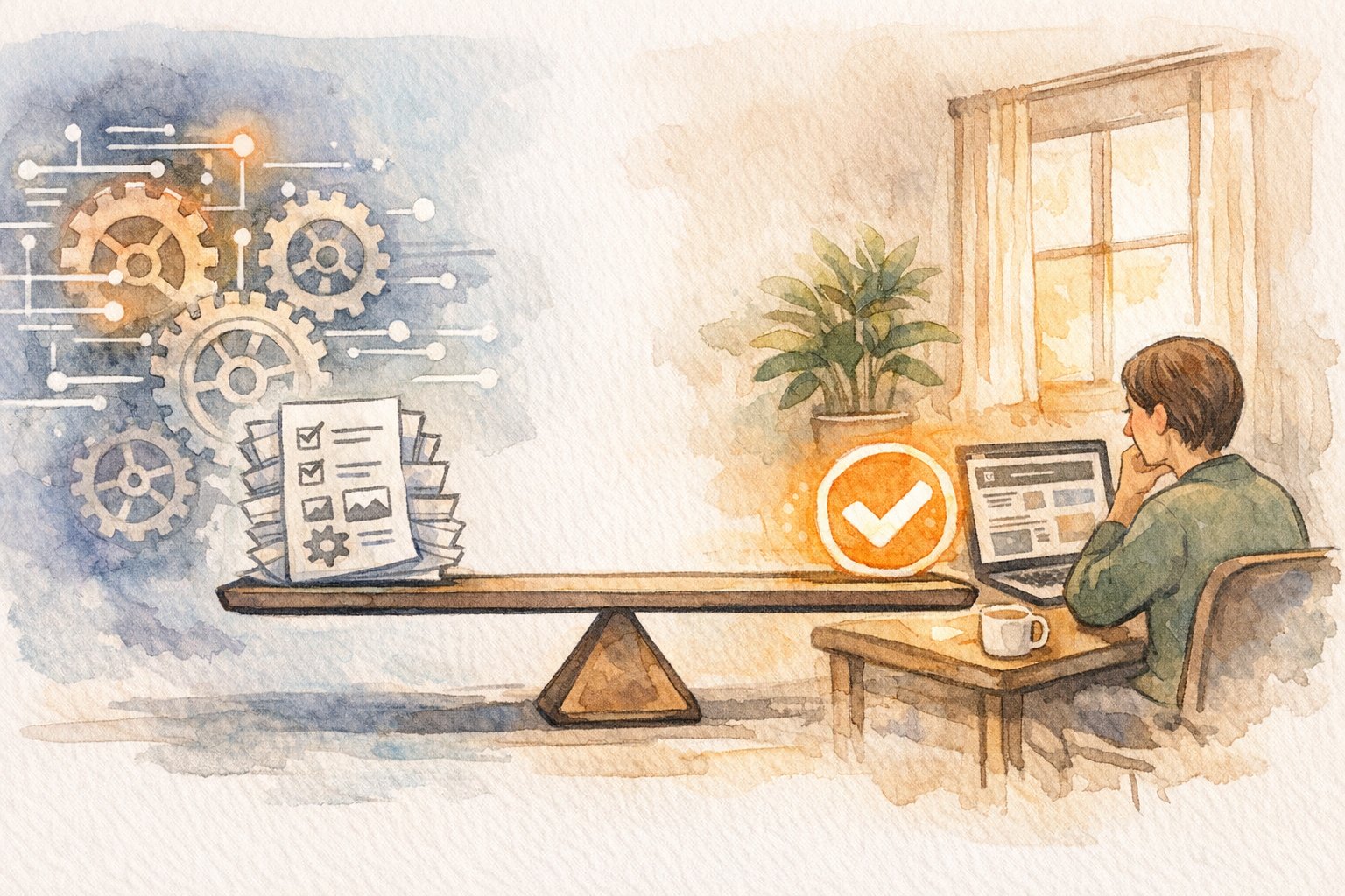 WordPress AI 記事作成 自動化で、人とツールの役割分担と品質とスピードのバランスを描いたイラスト