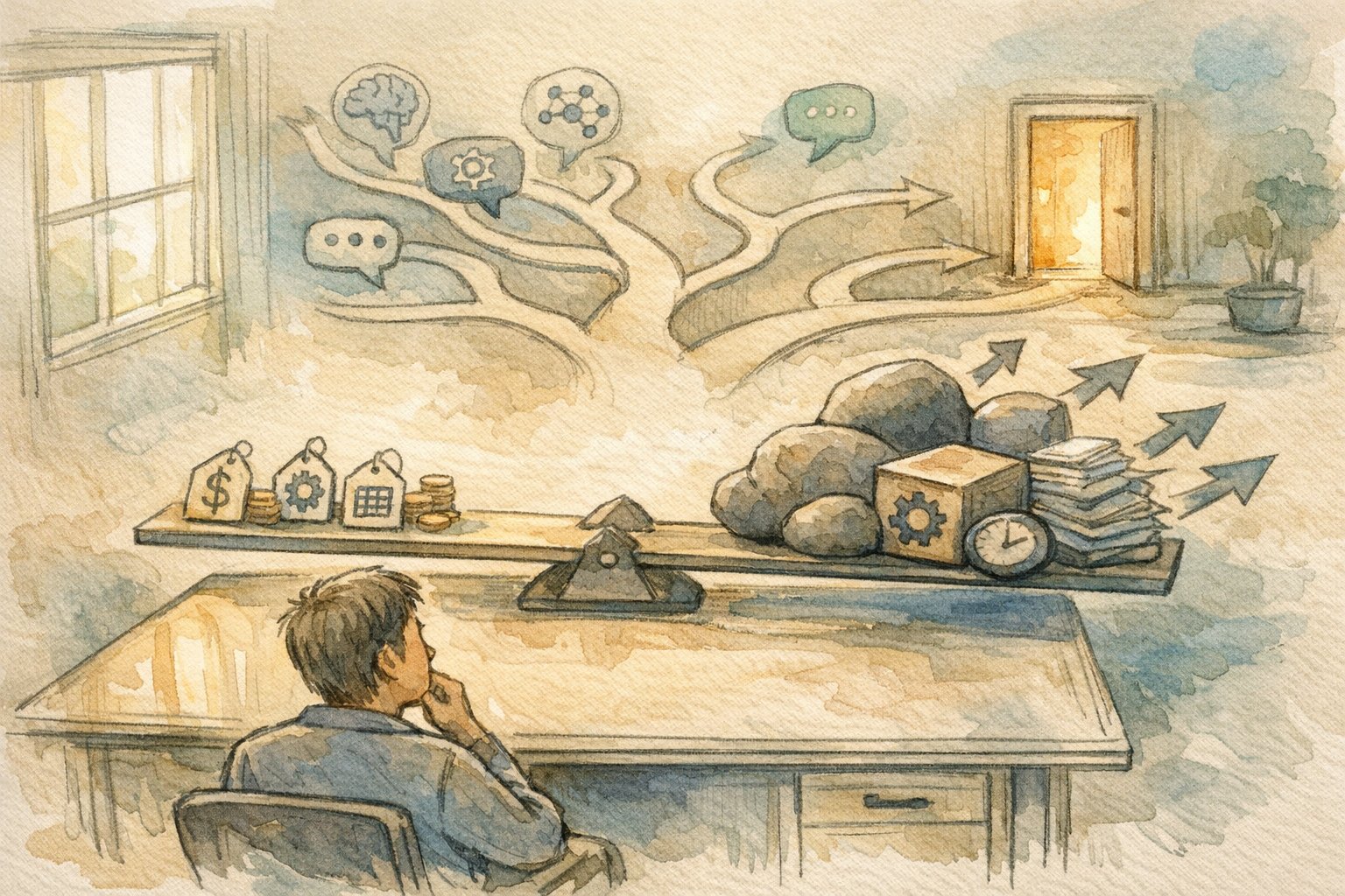 AI ツール の 選び方 失敗しない 基準としてコストと隠れた負担を天秤にかけて考えるイラスト