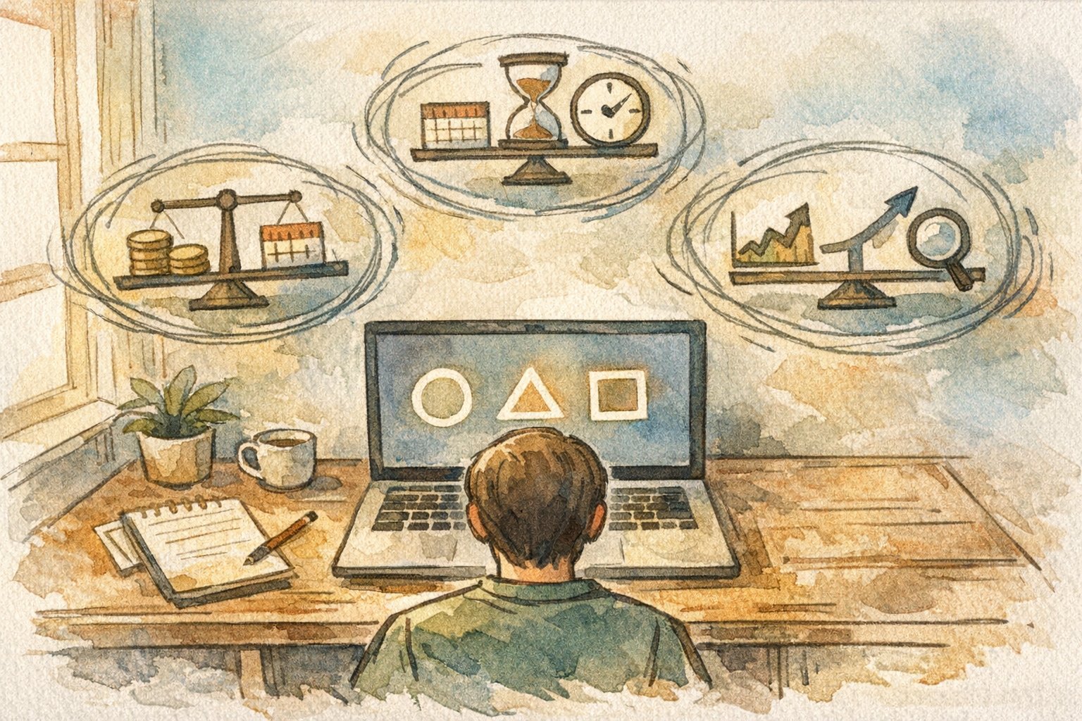 SEO ツール コスパをコスト・時間・成果の三要素で天秤にかけて検討する様子