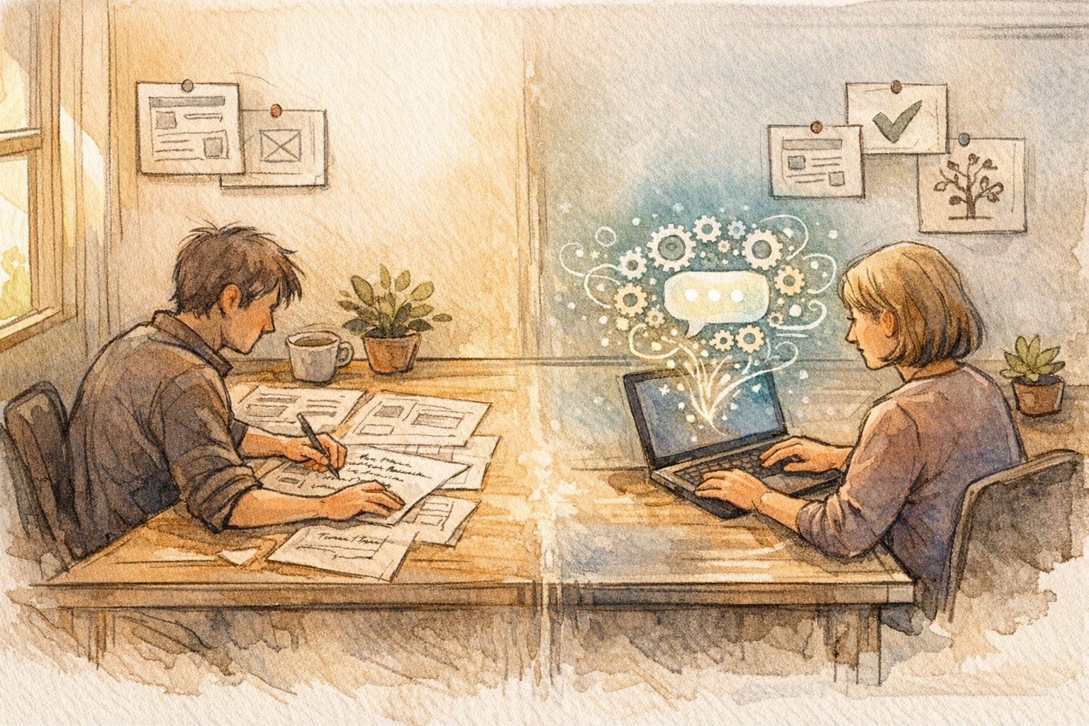 WP ChatGPT 連携 プラグイン おすすめの選び方、人とAIが協調する執筆作業イメージ
