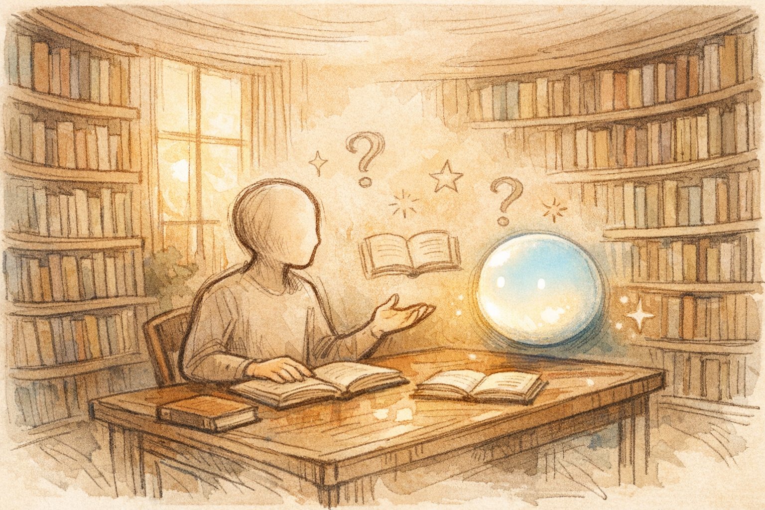 図書館のような空間でAIと対話する子供の姿, 子供 に AI を どう教えるかを象徴적으로表現