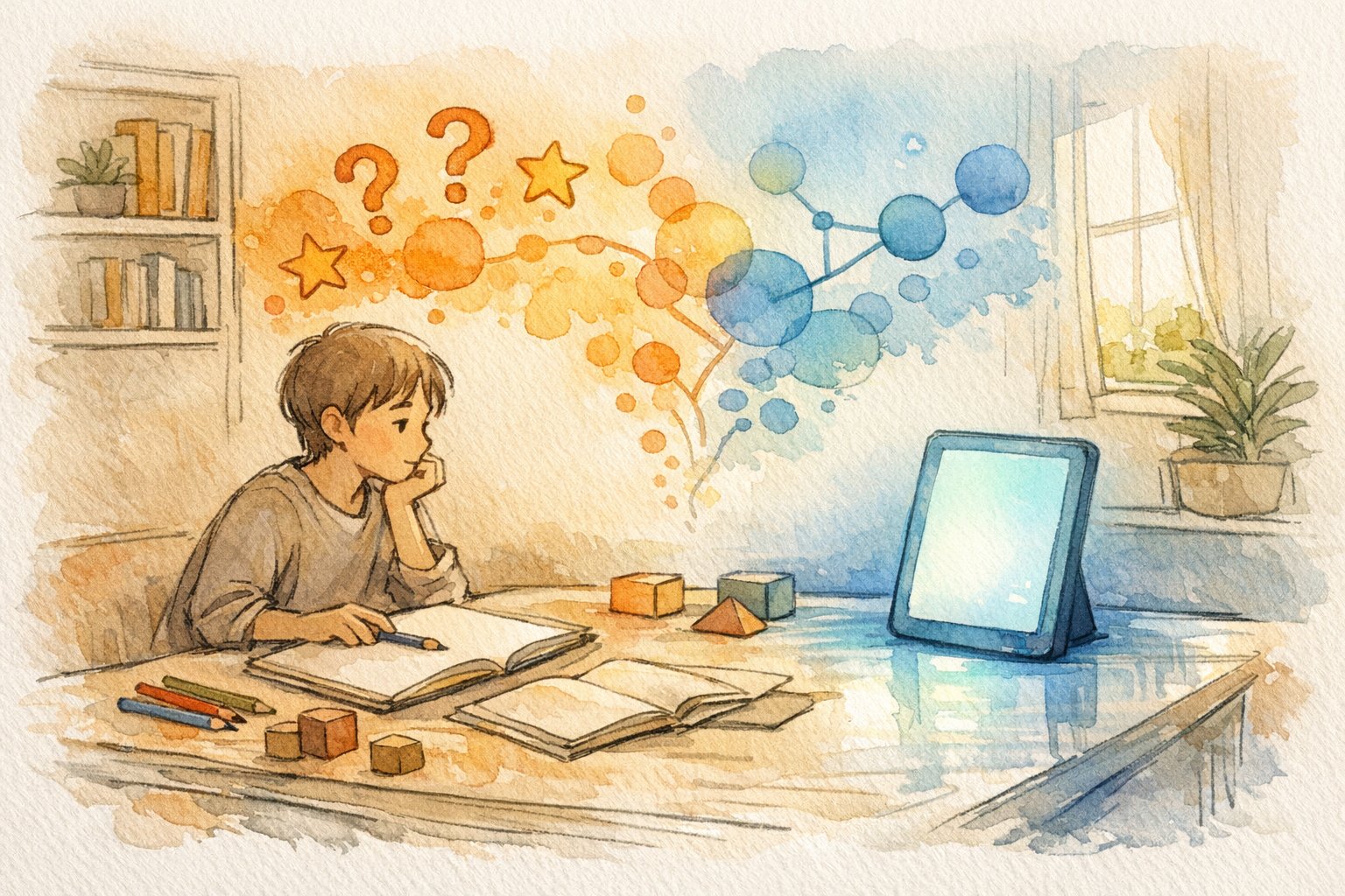 子供 に AI を どう教えるか を象徴する場面、タブレットと向き合い静かに思索する子供と広がる創造的なイメージ