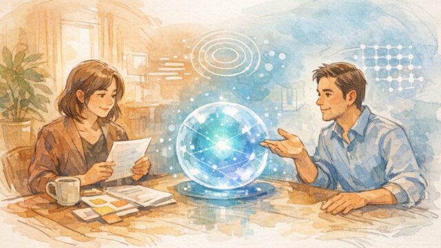 ビジネス現場でAIと人間が協力し役割分担する様子を描いたイラストで示す結論