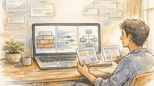 WordPress テーマ SEOを見直し、構造や表示速度を静かに分析するワークスペースイラスト