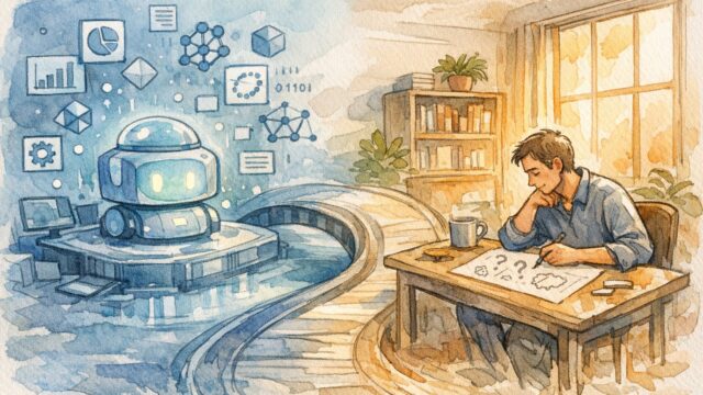 AI に 奪われない スキル とはを象徴する、人とAIが協調するワークスペースの対比イラスト