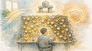 プラグイン 入れすぎ 影響を象徴する操作パネルと机に座る人物、速度安定性安全性のバランス描写