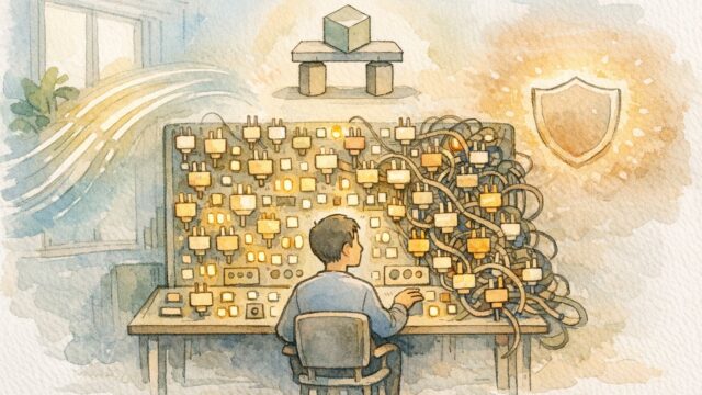 プラグイン 入れすぎ 影響を象徴する操作パネルと机に座る人物、速度安定性安全性のバランス描写