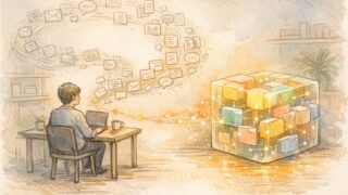 情報過多のビジネス環境でAIを活用したセカンドブレイン（第二の脳）構築を描いたイラスト