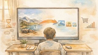 画像 軽量化 WebPによるページ速度改善と売上効果のバランスを示すワークスペースイラスト