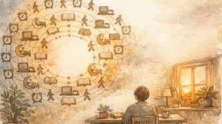 夕暮れの部屋で人物がライフログ AI 分析の結果を眺め、習慣と見えない感情の余白を対比している様子