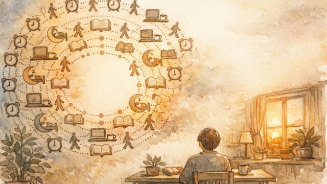 夕暮れの部屋で人物がライフログ AI 分析の結果を眺め、習慣と見えない感情の余白を対比している様子