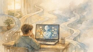 AI による 自己分析 ・ キャリア診断でスキルやキャリアパスを整理する様子を描いたイラスト