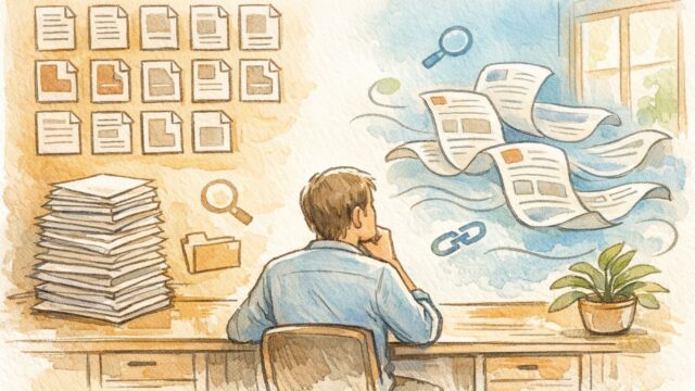 PDFファイル SEOの整理を考える人物、紙資料と柔軟なWeb情報を対比したイラスト