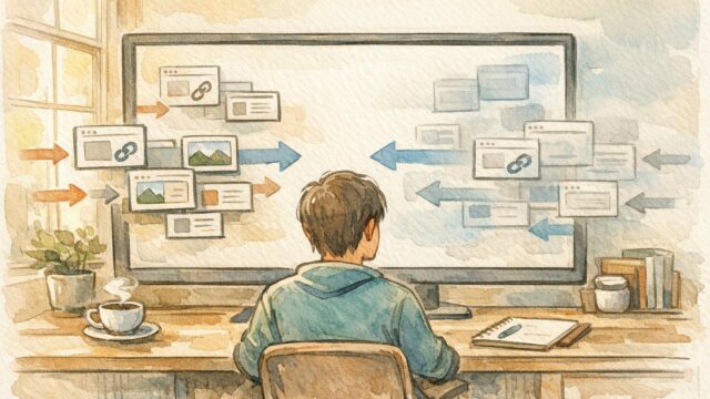 WordPress oEmbed 無効化による自動埋め込み制御をイメージした落ち着いた作業デスクのイラスト