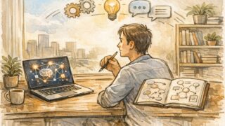 日当たりの良い机で大人がノートとPCを見比べる様子、独学 AI 活用術への落ち着いた取り組み