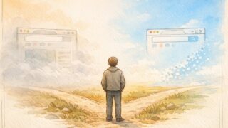 記事 削除 404 410の違いを示す分かれ道を見つめる人物のイラスト