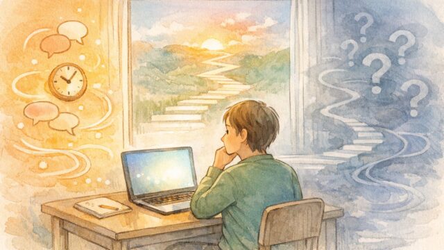 英語学習 AI 活用 最強メソッドへの期待と違和感を静かな緊張感で描いたイラスト