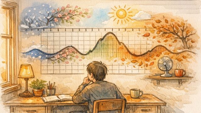 季節性 キーワード 対策を意識し年間の検索ニーズ変動をカレンダーとグラフで観察する様子