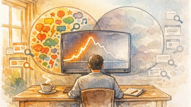 トレンド記事 寿命の変化を示す折れ線グラフと要因バランスを眺めるマーケ担当者