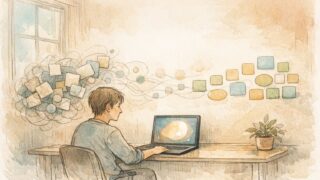 AI 占い ・ 悩み相談 の 精度を示す、AIと人が対話し思考を整理する様子