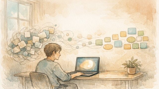 AI 占い ・ 悩み相談 の 精度を示す、AIと人が対話し思考を整理する様子