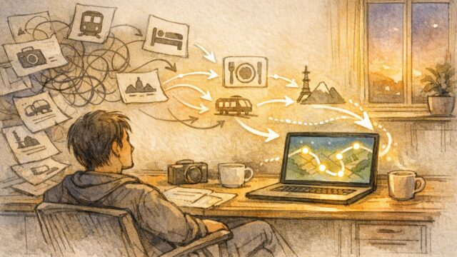 散らかった旅のメモが整理される様子、旅行計画 AI 自動作成 プロンプトの概念を示すイラスト